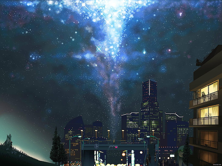 anime, night, sky, city, stars, cityscape, HD wallpaper