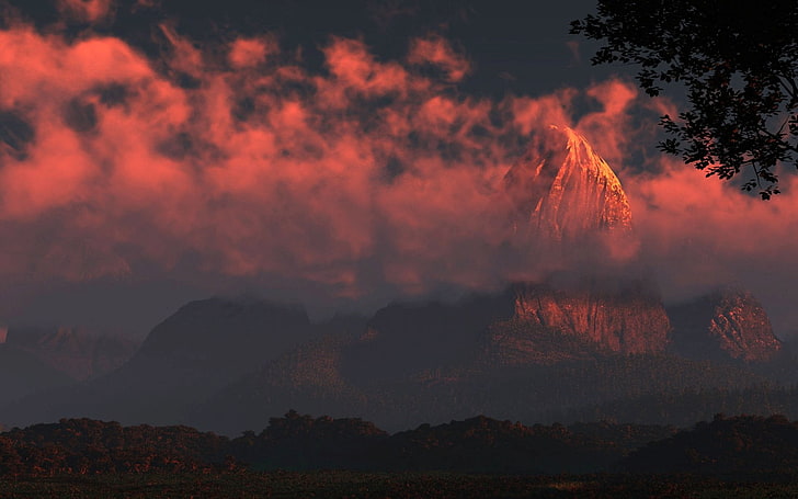 montaña marrón, paisaje, puesta de sol, nubes, montañas, pico nevado, Fondo de pantalla HD