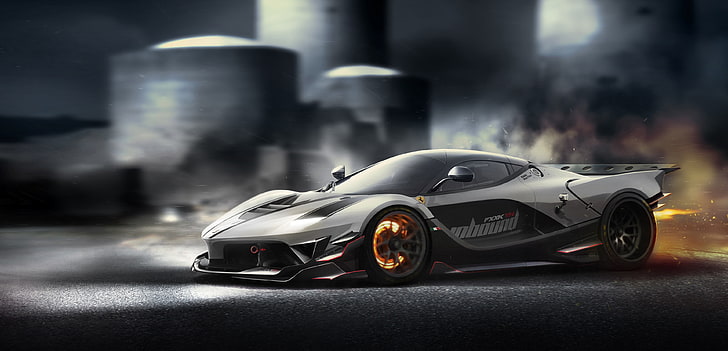 black sports car, Ferrari FXXK, car, motion blur, Ferrari, HD wallpaper