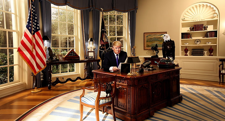 коричневый деревянный комод с зеркалом, Дональд Трамп, Северная Америка, дом, демократия, Белый дом, политика, блондинка, американский флаг, флаг, фальшивый орел, HD обои