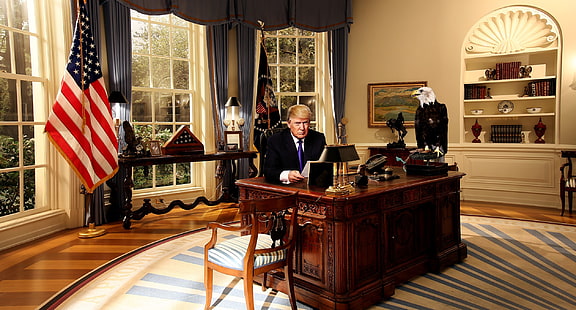 braune Kommode aus Holz mit Spiegel, Donald Trump, Nordamerika, Dom, Demokratie, Weißes Haus, Politik, Blondine, amerikanische Flagge, Flagge, Fake Eagle, HD-Hintergrundbild HD wallpaper