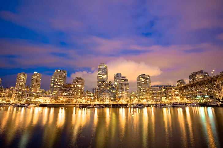 worms eye view of city skyline during night time, Fire, water, worms, eye, view, city, skyline, night time, bridge, false creek, granville  island, long exposure, vancouver, reflections, clouds, cirrus, downtown, night, cityscape, urban Skyline, reflection, architecture, dusk, urban Scene, downtown District, built Structure, building Exterior, HD wallpaper