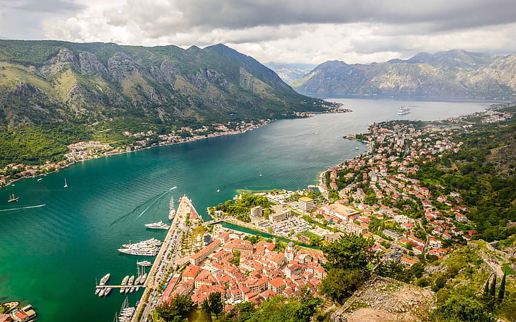 Kotor Bay, Montenegro, flod, berg, stad, hus, moln, Kotor, Bay, Montenegro, River, Mountains, City, Houses, Clouds, HD tapet