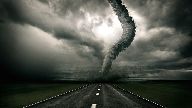 tornado, tornado, storm, sky, road, clouds, HD wallpaper