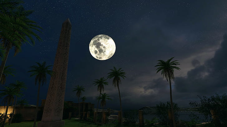 the talos principle screen shot video games obelisk palm trees moon night egypt egyptian sky, HD wallpaper