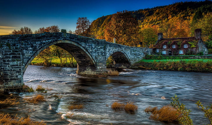 Nature river autumn, Nature, house, bridge, river, Autumn, forest, HD wallpaper