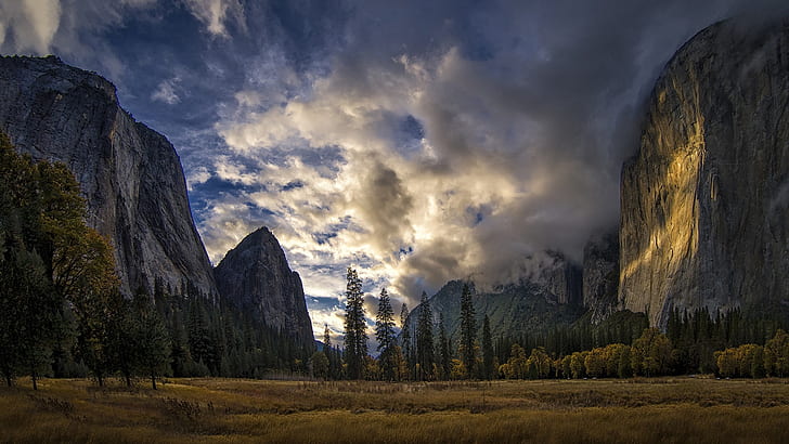 Yosemite Milli Parkı, Sierra Nevada, ABD, dağlar, ağaçlar, bulutlar, Yosemite Milli Parkı, Sierra, Nevada, ABD, dağlar, ağaçlar, Bulutlar, HD masaüstü duvar kağıdı