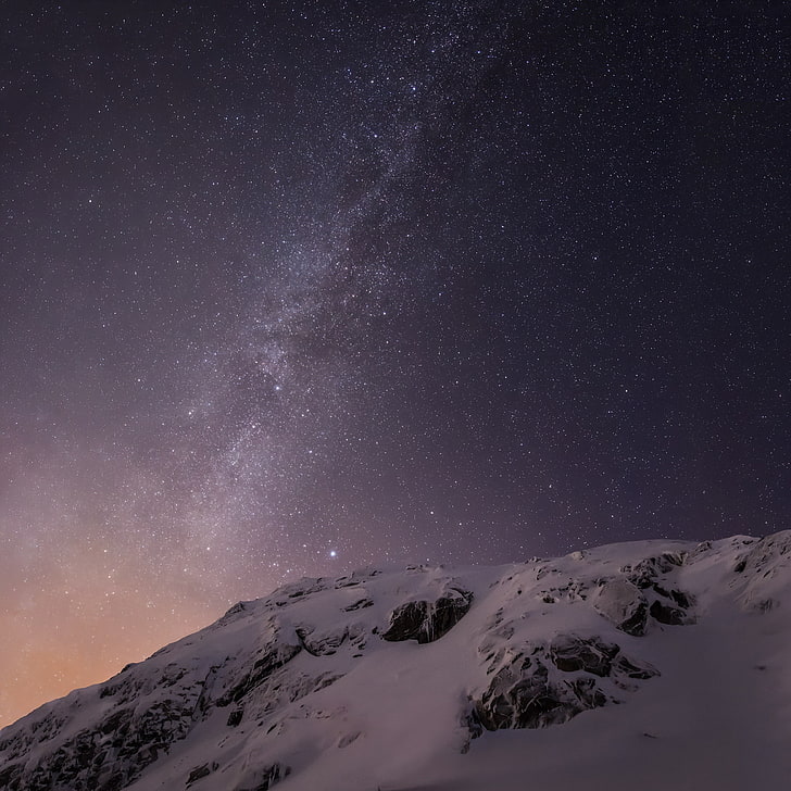 snow-covered mountain, Milkyway view on top of snowy mountain, sky, mountains, snow, stars, space, nature, HD wallpaper