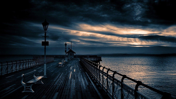jetty, bench, evening, cloudy, twilight, darkness, coast, HD wallpaper