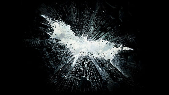 Batman, logotipo de Batman, fondo negro, nubes, DC Comics, arte digital, caída, ficticio, Gotham City, minimalismo, roca, ruina, simple, fondo simple, cielo, rascacielos, Fondo de pantalla HD HD wallpaper