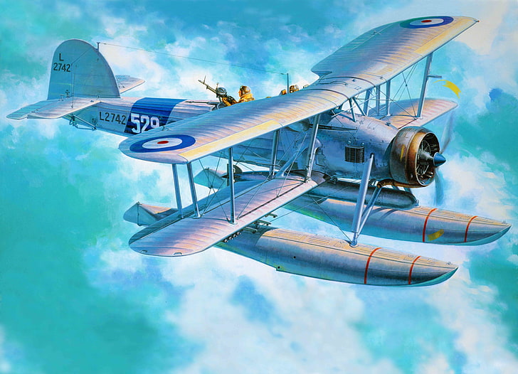 biplane, World War II, airplane, aircraft, war, torpedo, military, military aircraft, Royal Navy, cyan, HD wallpaper