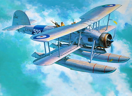 biplane, World War II, airplane, aircraft, war, torpedo, military, military aircraft, Royal Navy, cyan, HD wallpaper HD wallpaper