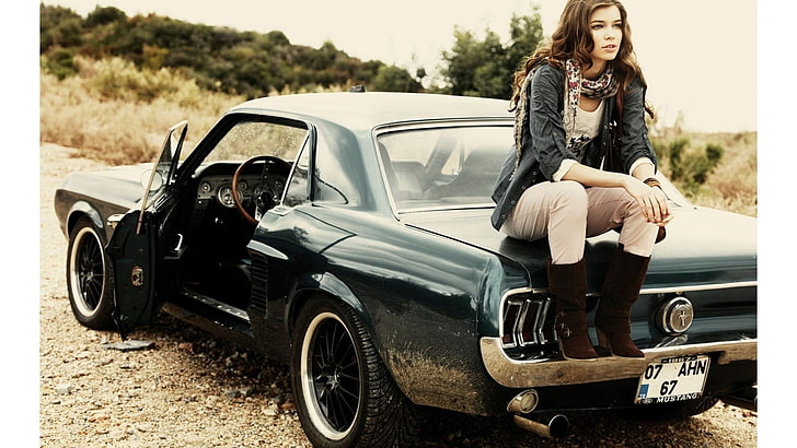black coupe, women, car, old car, classic car, Ford Mustang, women with cars, HD wallpaper