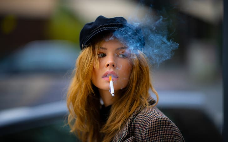 model, looking away, women, cigarettes, smoking, depth of field, photography, black cap, blonde, looking at the side, face, shoulder length hair, smoke, open mouth, Anastasia Scheglova, HD wallpaper