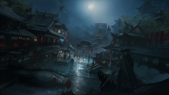 الخيال ، الشرقية ، كاتانا ، الليل ، المعبد ، الساموراي ، المحارب، خلفية HD HD wallpaper