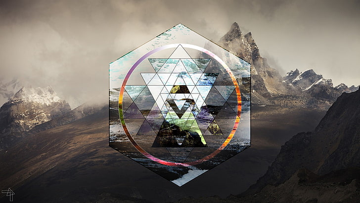 hexagon, landscape, mountain, Polyscape, Sri Yantra, Triangle, HD wallpaper
