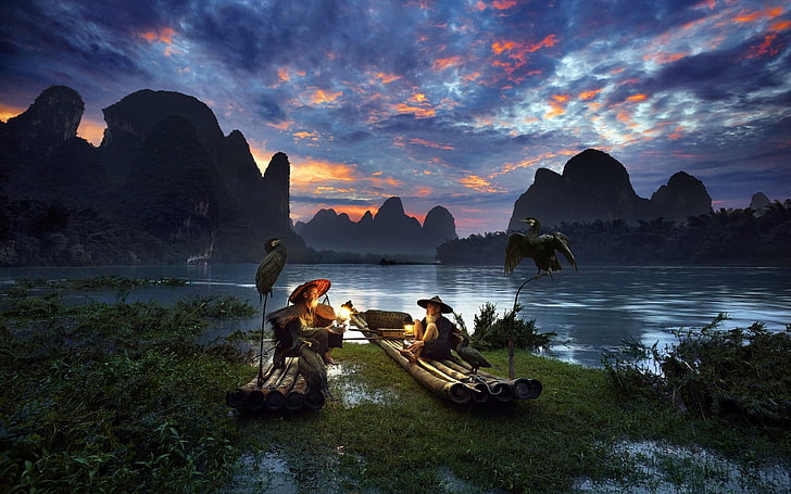 two persons sitting on boats digital wallpaper, nature, landscape, water, trees, China, river, mountains, boat, sunset, clouds, men, birds, plants, fishermen, lantern, old people, beards, HD wallpaper