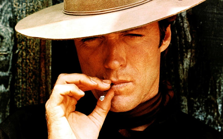 camisa de hombre con cuello redondo en blanco y negro, Clint Eastwood, sombrero, actor, celebridad, hombres, películas, Fondo de pantalla HD