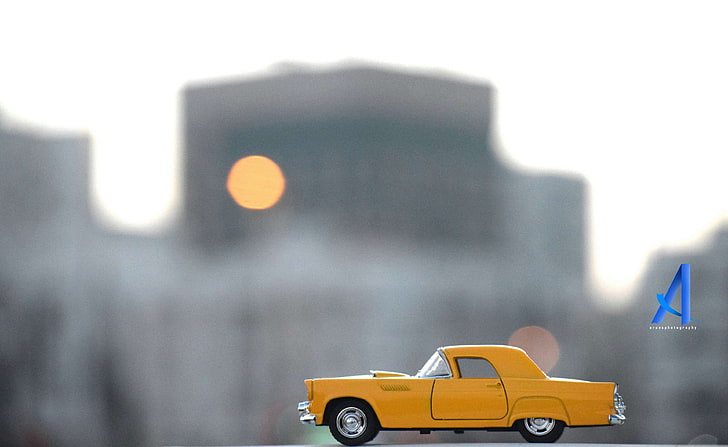 arunsphotography, carros fundidos, fotografia fundida, carro de brinquedo, carro antigo, carro amarelo, HD papel de parede
