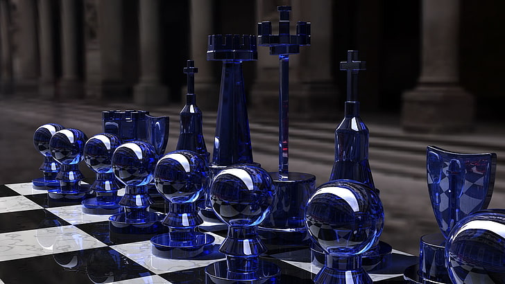 набор шахматных фигур из синего стекла, шахматы, серебро, стекло, стол, форма, HD обои
