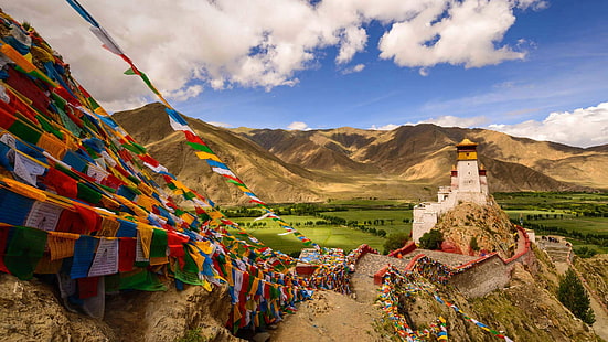 горы, башня, Китай, Тибет, дворец, дворец Юнгбулаканг, HD обои HD wallpaper