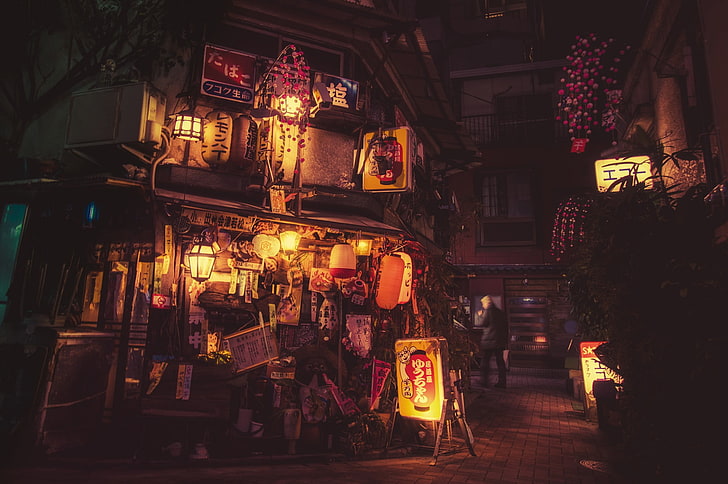 Señalización de neón amarillo y rojo, Japón, noche, pueblo, ciudad, Masashi Wakui, Fondo de pantalla HD