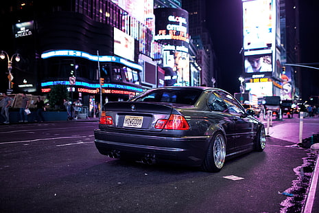สีเทา BMW coupe, กลางคืน, เมือง, ไฟ, BMW, การปรับแต่ง, E46, วอลล์เปเปอร์ HD HD wallpaper