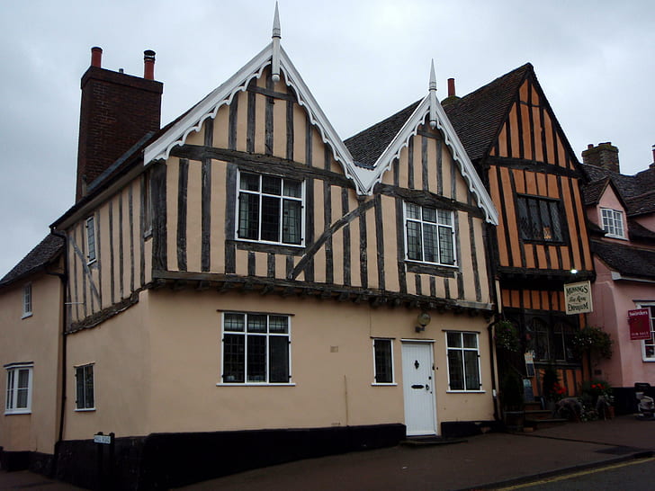 Lavenham, bangunan atas kayu berwarna coklat, setengah kayu, masa lalu, hujan, suffolk, Wallpaper HD