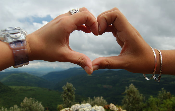 two silver-colored bracelets, arms, couple, heart, kind, bracelets, HD wallpaper