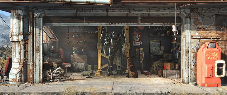 серый робот в гараже, обои Fallout, HD обои