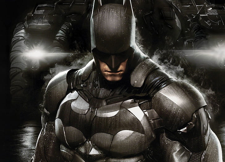 Batman: Arkham Knight, Bruce Wayne, Batman: Arkham Knight, Bruce Wayne, Obrońca, wojownik, dym, krople, zbroja, sprzęt, światła, Batmobil, Rocksteady Studios, Warner Bros. Interactive Entertainment, Tapety HD
