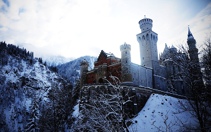white and brown concrete establishment on edge of mountain with white snow, landscape, winter, snow, mountains, Neuschwanstein Castle, nature, architecture, castle, old building, building, hills, trees, HD wallpaper
