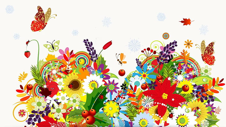 İlkbahar Yaz Güz Kış, mevsimler, kar taneleri, sonbahar, parlak, yaprakları, çiçekler, değiştir, renkli, kelebekler, çilek, doğa, HD masaüstü duvar kağıdı