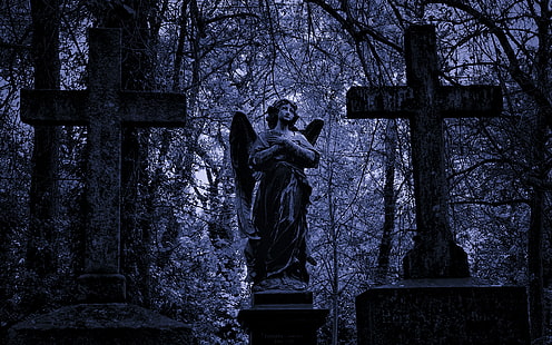 الملاك عبر الأشجار المقبرة شواهد القبور القبور HD ، الطبيعة ، الأشجار ، الملاك ، الصليب ، المقبرة ، شواهد القبور ، القبور، خلفية HD HD wallpaper