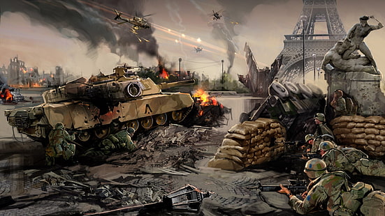 World of Tanks wallpaper, artwork, concept art, tank, soldier, helicopters, aircraft, military aircraft, Paris, Eiffel Tower, France, statue, war, World War III, HD wallpaper HD wallpaper