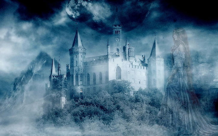 white castle with woman standing fading in the fog wallpaper, Castles, Castle, Cloud, Fog, Ghost, Woman, HD wallpaper