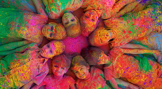 indian Holi Festival Oleh K23, atasan berkerah kuning, hijau, dan merah muda anak laki-laki, Aero, Colourful, Children, Dust, Wallpaper HD HD wallpaper