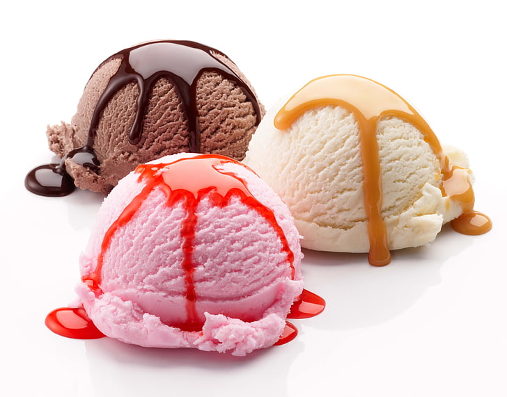 scoop of ice creams, ice cream, balloons, chocolates, jam, white background, three, HD wallpaper