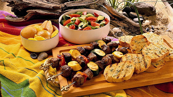 carni alla griglia, pane, verdure, carne, cibo, Sfondo HD HD wallpaper