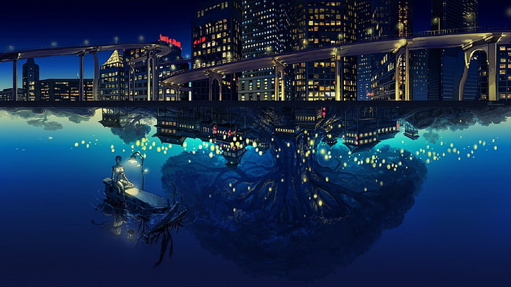 Marina Bay Sands, Singapour, cyberpunk, futuriste, réflexion, arbres, lumières de la ville, bateau, bâtiment, pont, oeuvre d'art, lampe, Fond d'écran HD