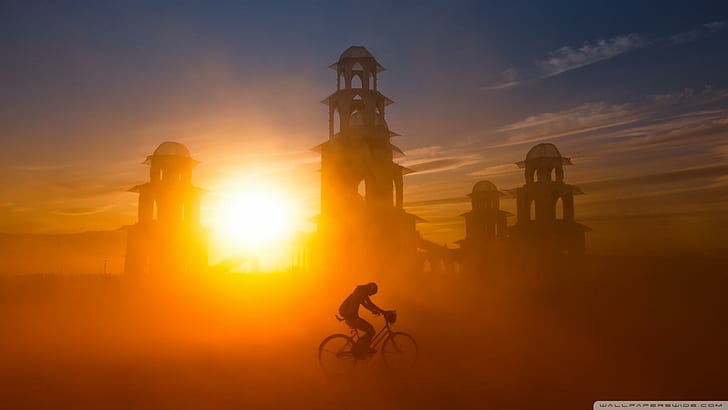 Sstorm At Sunset, four towers, sandstorm, temple, biker, sunset, nature and landscapes, HD wallpaper