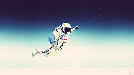 astronauts photo, astronaut, Red Bull, spacesuit, Felix Baumgartner, atmosphere, digital art, space art, artwork, red bull stratos, falling, space, stars, HD wallpaper HD wallpaper