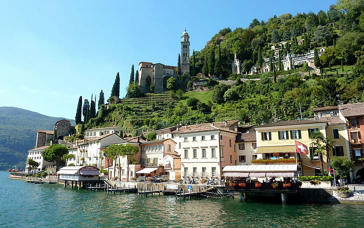 スイス、ルガーノ湖、湖、村、風景、教会、桟橋、 HDデスクトップの壁紙