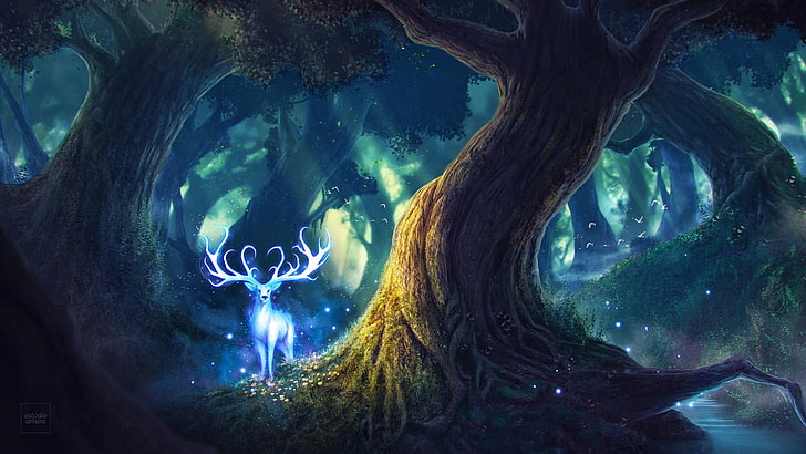синий олень в лесу цифровые обои, лес, пейзаж, олень, белый, сказка, HD обои