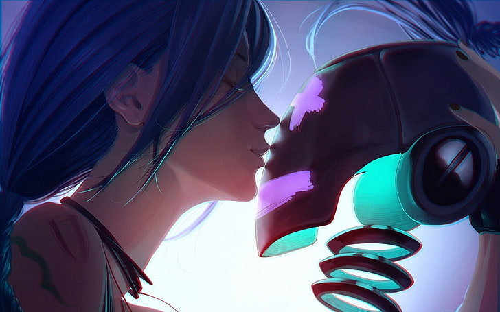синие волосы женщины аниме персонаж цифровые обои, Jinx (League of Legends), лига легенд, робот, HD обои