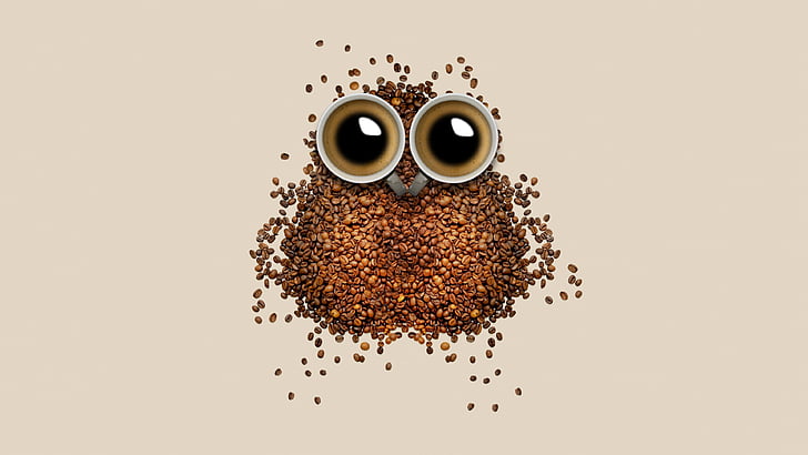coruja, engraçado, xícara de café, olhos, grão de café, ilustração, pássaro, feijão, café, arte, HD papel de parede