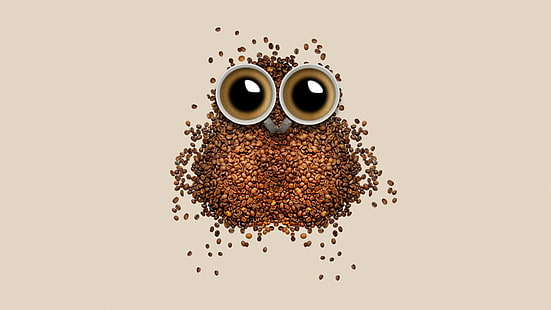 civetta, divertente, tazza di caffè, occhi, chicco di caffè, illustrazione, volatile, fagiolo, caffè, arte, Sfondo HD HD wallpaper