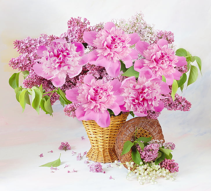 bouquet of pink flowers, flowers, basket, lilac, peonies, HD wallpaper