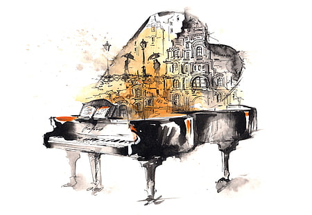 живопис на роял, градът, ноти, хора, дъжд, фигура, пиано, изкуство, акварел, HD тапет HD wallpaper