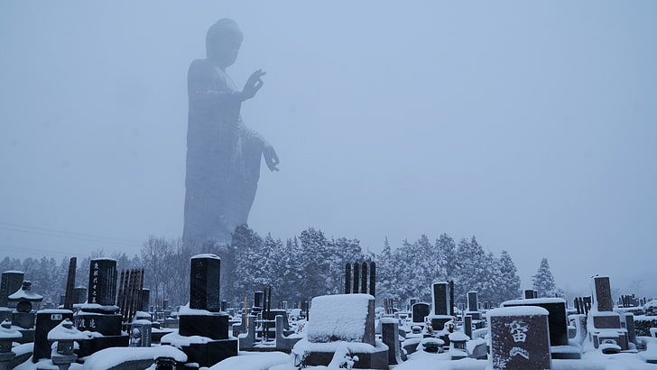 staty, gravstenar, Buddha, snö, HD tapet